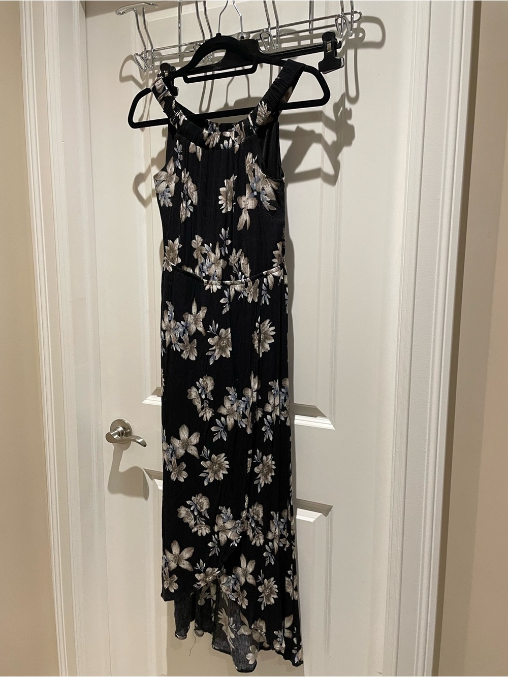Black Floral Midi Dress with Cream Flower Print